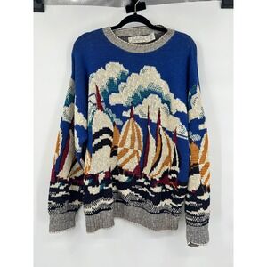 Crossings Vintage 90s Mens Large Sailboat Intarsia Cotton Knit Sweater Blue USA